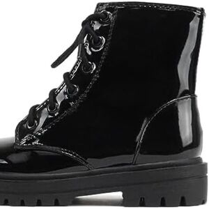 Patent lace up black combat ankle boot